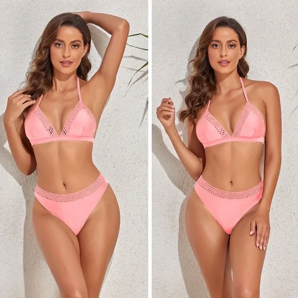 Solid Pink Openwork Halter Neck Bikini Set - Picture 1 of 2